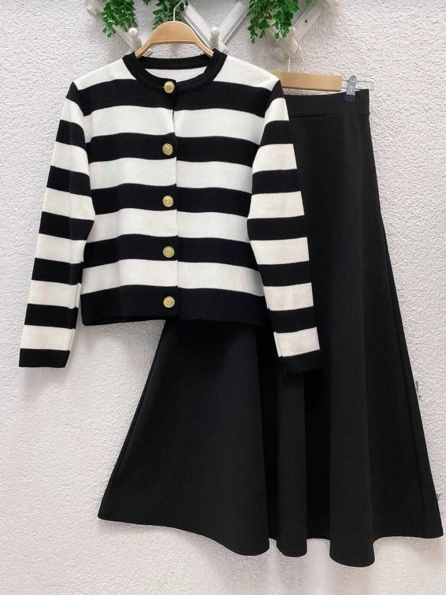 Moda Vedat Çizgili Krep Etek İkili Takım