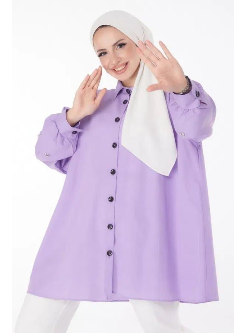 Pelsu Moda Düz Gömlek Yaka Lila Tunik