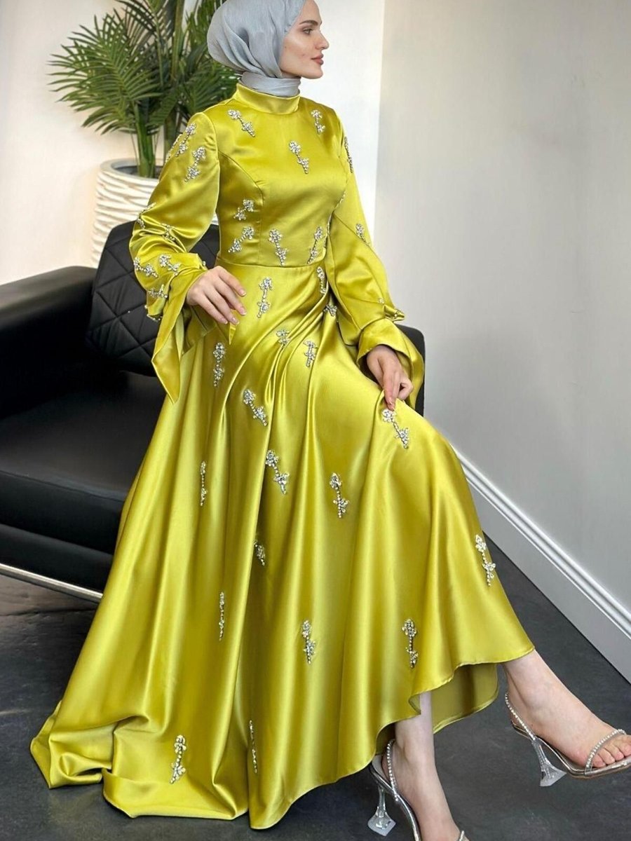 Şulemoda Giyim Emilia Prenses Taşlı Abiye Elbise Yağ Yeşili