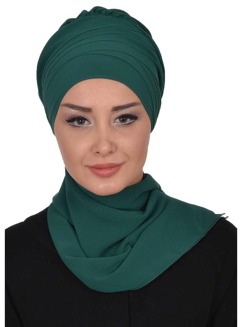 Aisha`s Design Koyu Yeşil Çapraz Dikim Fularlı Tasarım Şifon Hazır Türban,ht