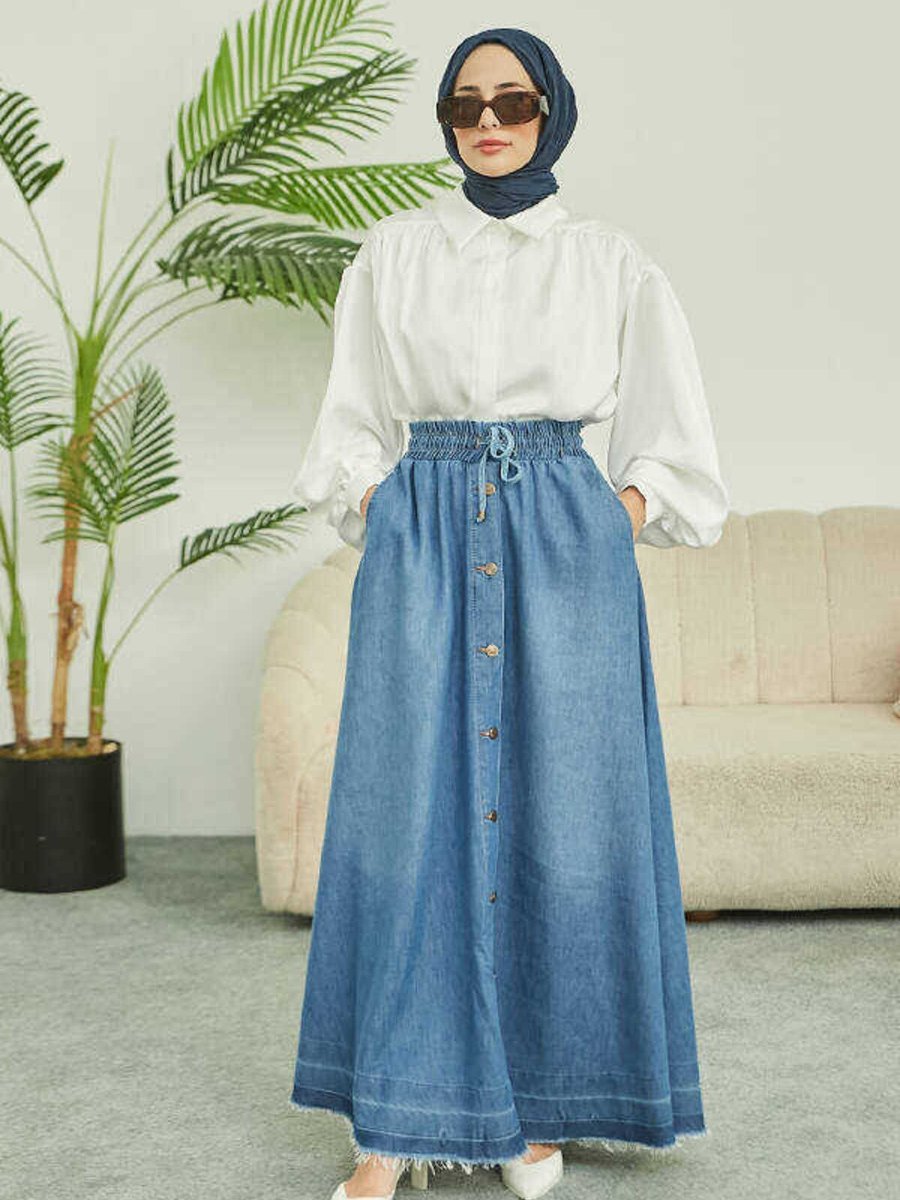 Neways Denim Mevlana Düğmeli Etek Mavi