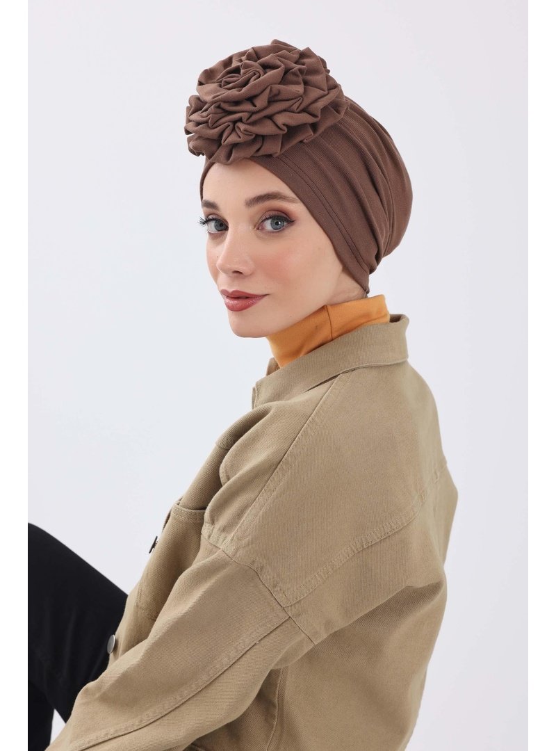 Aisha`s Design 21rb Kahverengi Güllü Bone Kışlık Türban,b