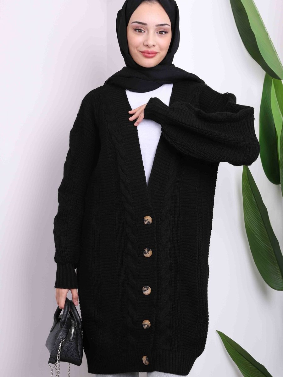 İmajbutik Siyah Düğmeli Uzun Triko Hırka