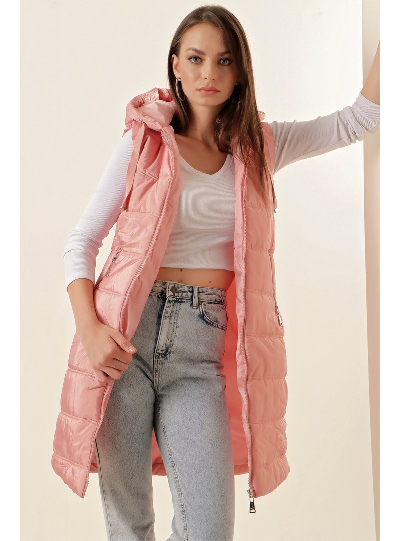 Bigdart Pembe Kapüşonlu Uzun Şişme Yelek