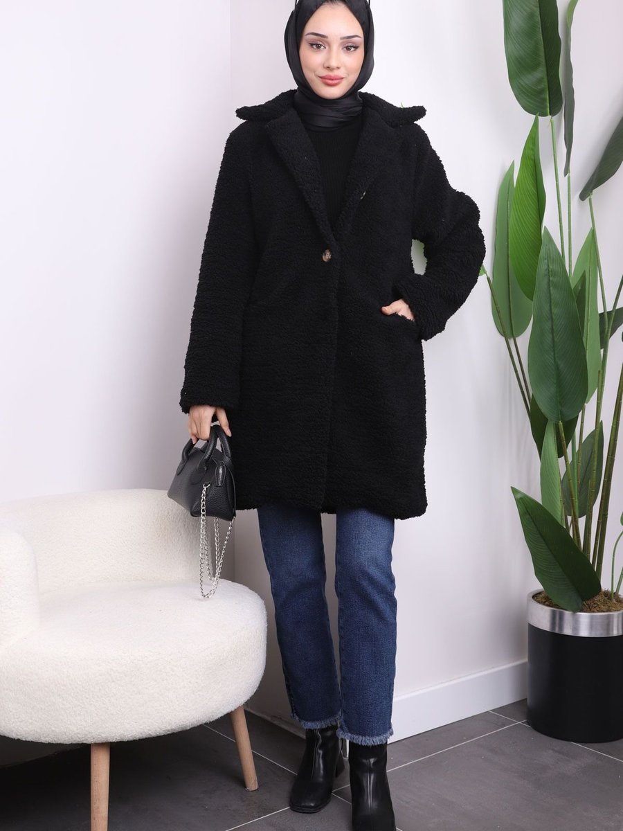 İmajbutik Siyah Cepli Angora Peluş Kaban