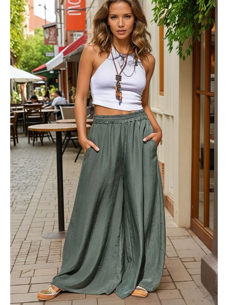 Pasaklı Giyim Haki Beli Lastikli Cepli Bol Paça Salaş Oversize Yumuşak Dokulu Rahat Pantolon