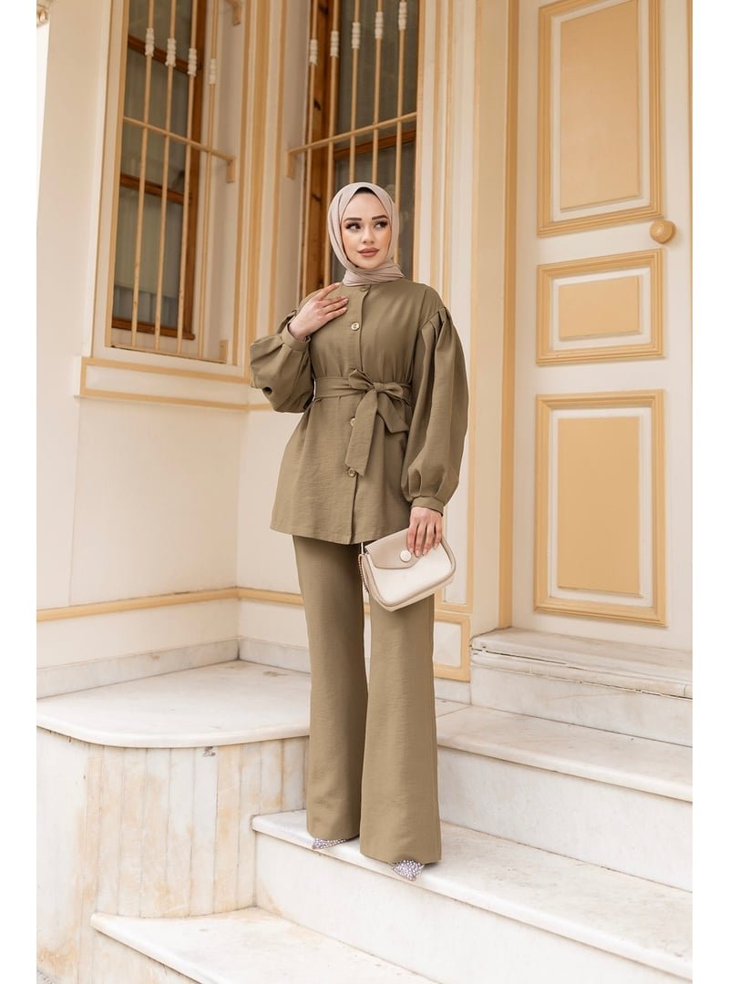 Locco Moda Yeşil Pile Detaylı Kuşaklı İkili Takım