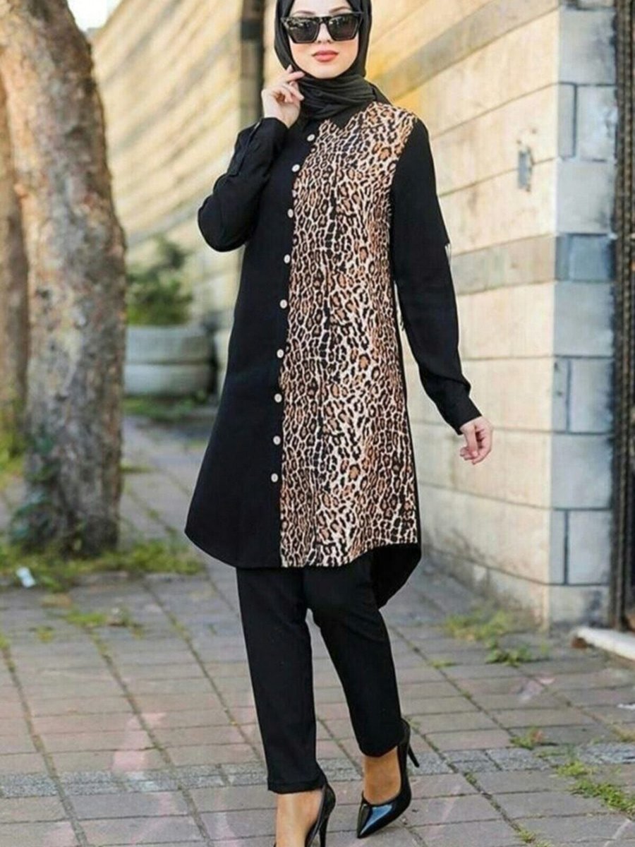 Guuzia Siyah Leopar Viskon Detaylı Tunik Gömlek