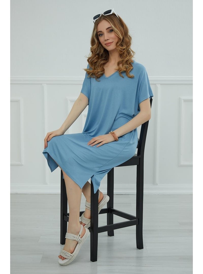 Aisha`s Design Mavi Yırtmaçlı Penye Kısa Elbise,elb