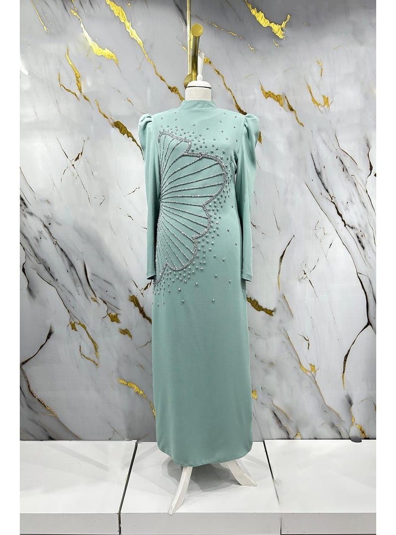 Hakimoda Mint Yeşili Zer Krep Abiye Elbise