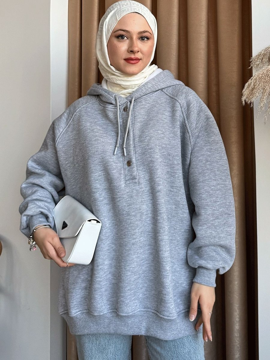 Instyle Çıtçıt Yaka Kapüşonlu Gri Sweat