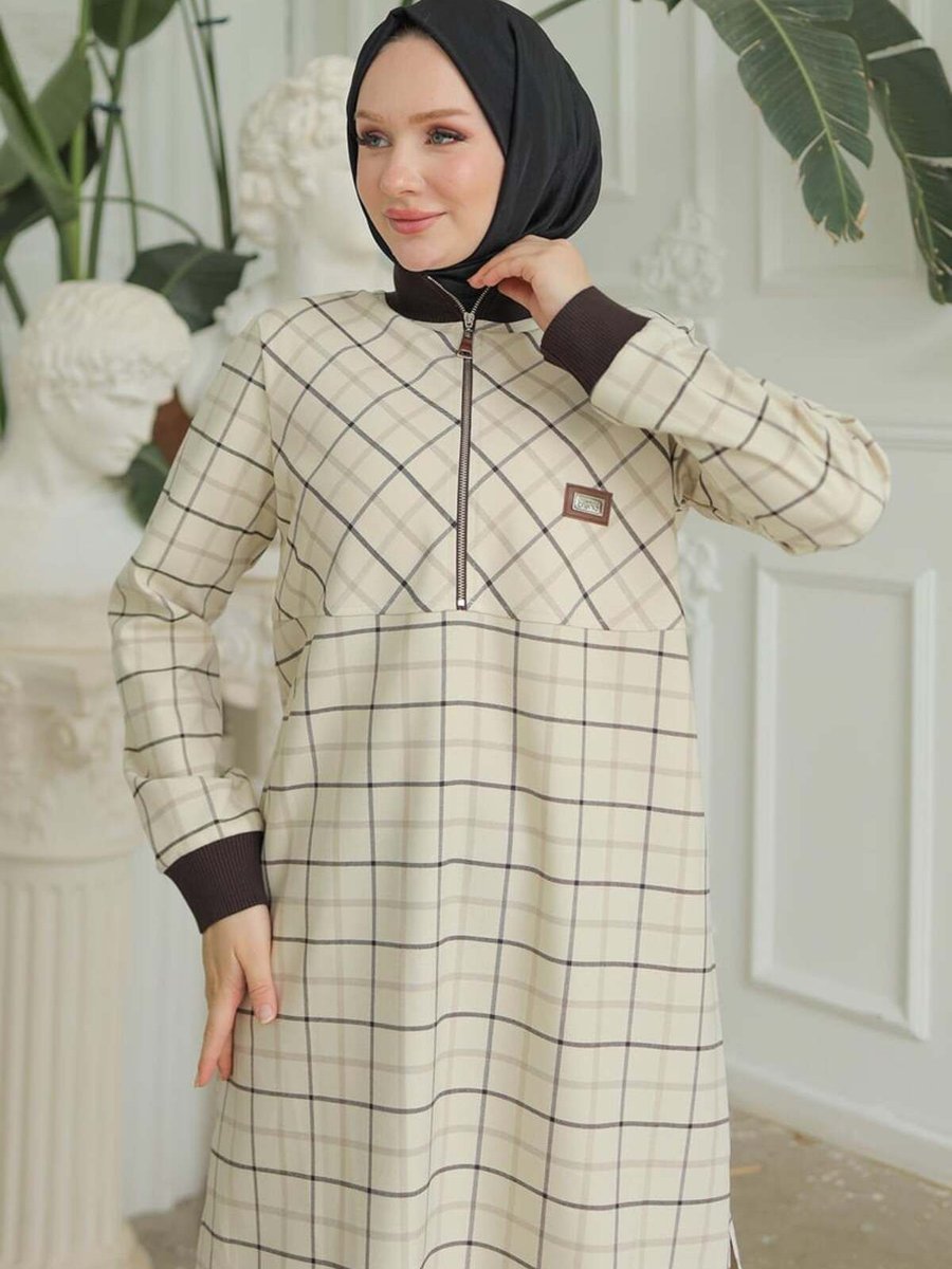 Armine Trend Yarım Fermuarlı Kolları Ribanalı Tunik Bej
