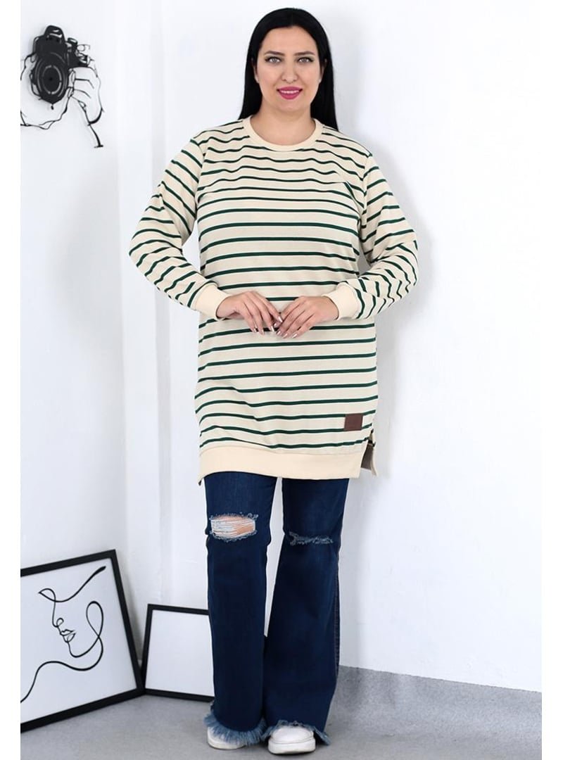 Pelsu Moda Büyük Beden İki İplik Zümrüt Çizgili Tunik