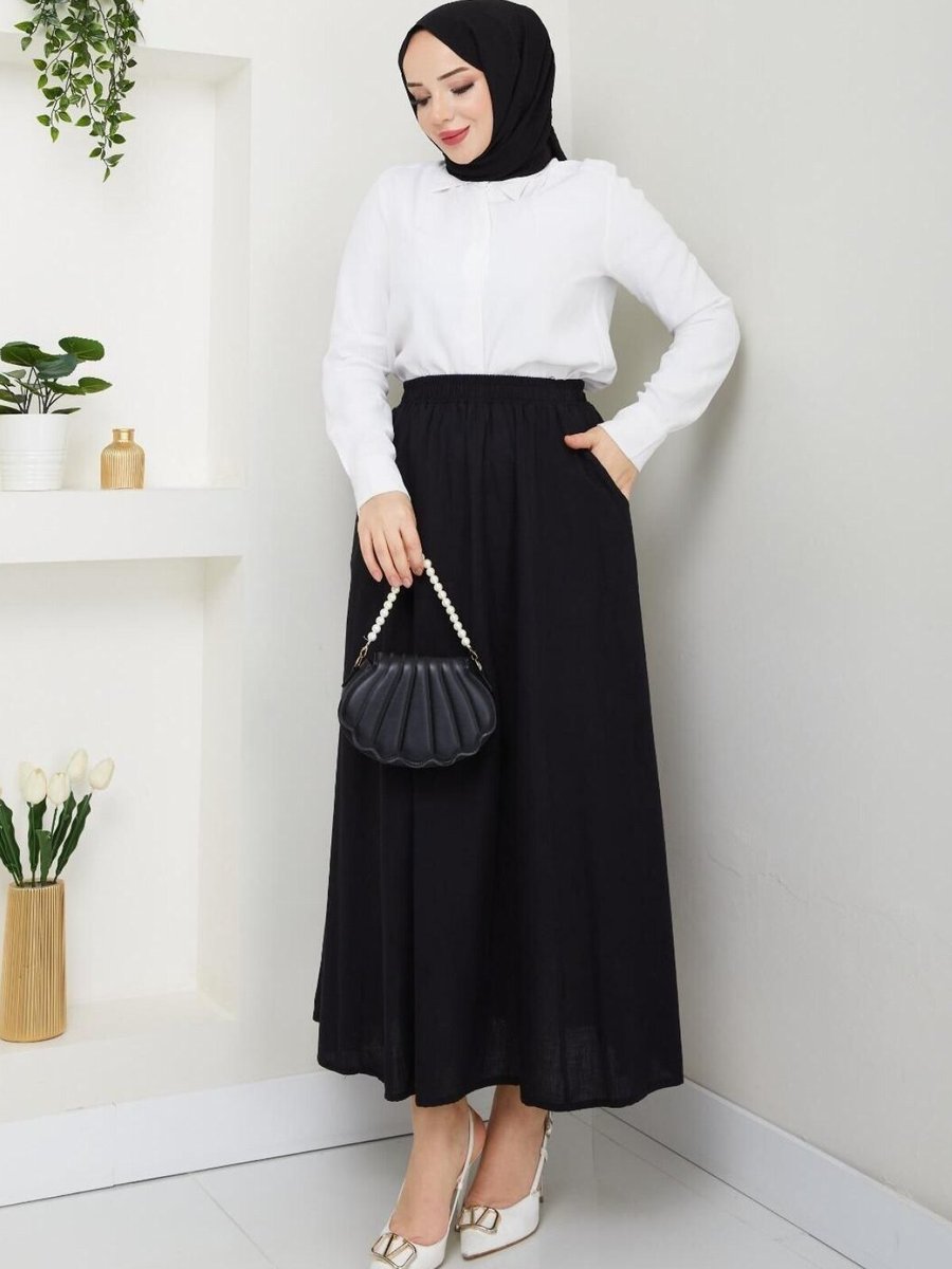 Nergis Neva Butik Siyah Cepli Beli Lastikli Keten Uzun Etek
