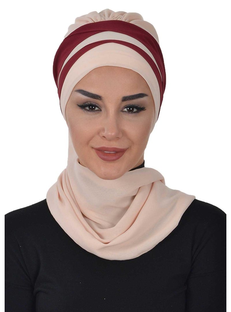 Aisha`s Design Bordo Çapraz Dikim Çift Renkli Fularlı Şifon Hazır Türban,ht Bej