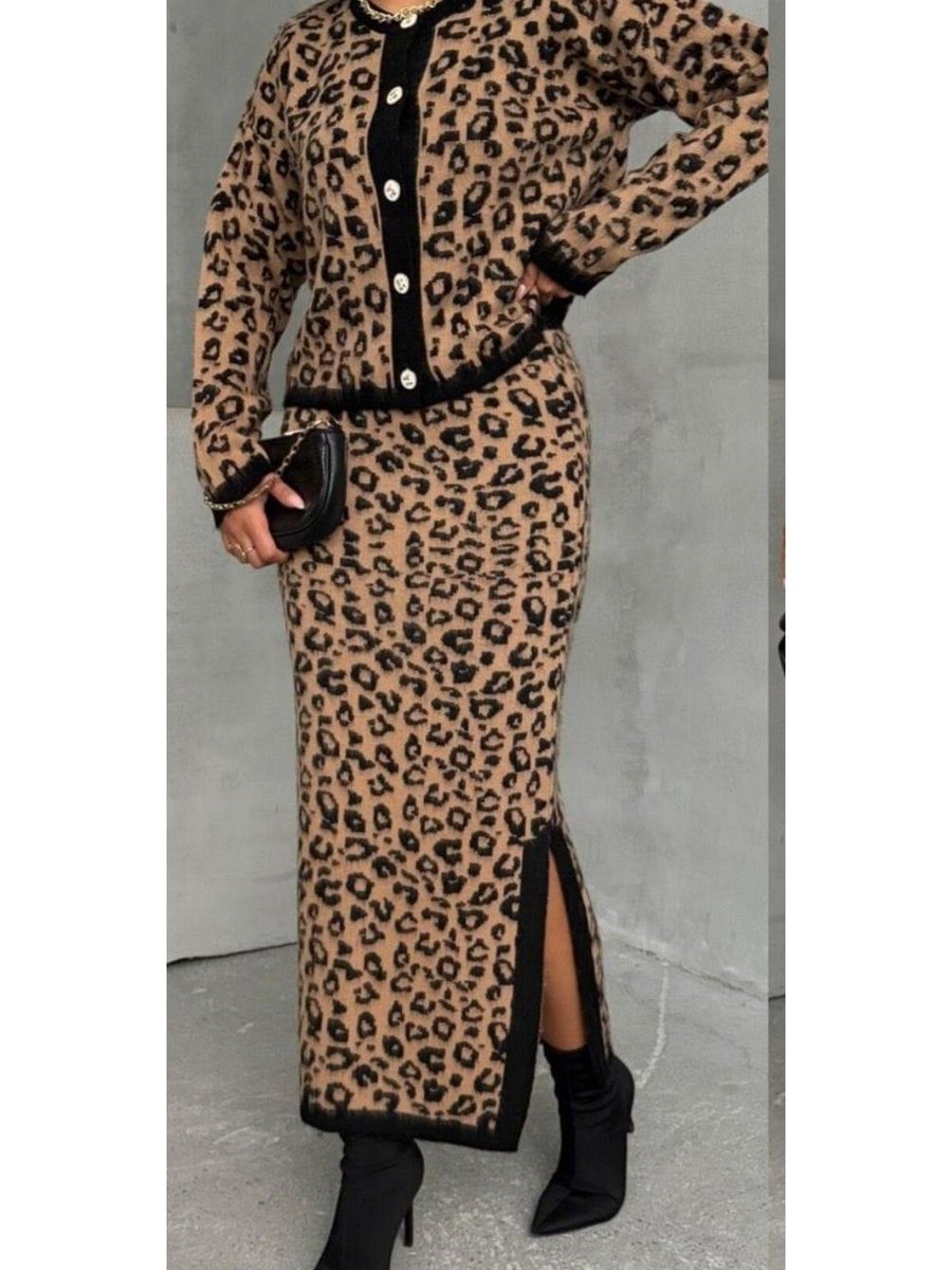 Butik Leopar Desenli Hırka Etek Triko Takım