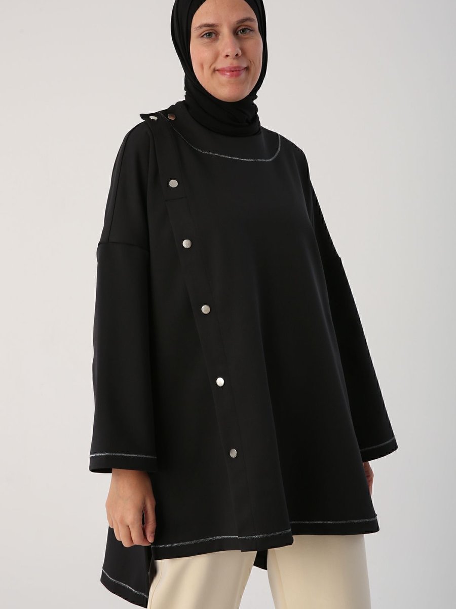 Allday Siyah Sim Dikişli Çıtçıtlı Oversize Tunik
