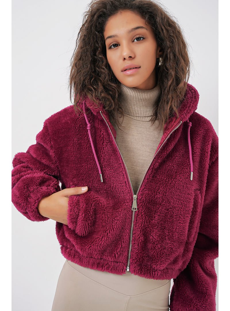 Bigdart Mürdüm Kapüşonlu Peluş Crop Ceket