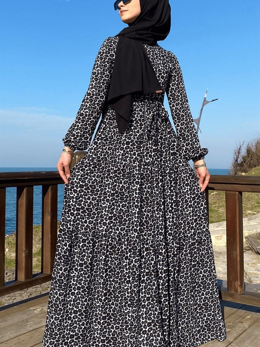 Rabia Şamlı Leopar Desenli Siyah Elbise