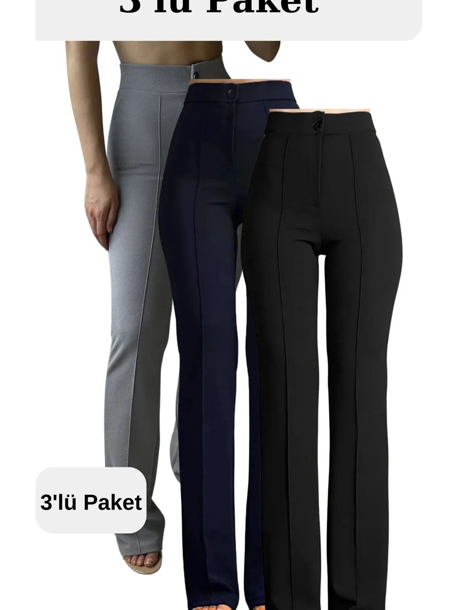 VOLT CLOTHİNG Lacivert Gri Siyah Likralı Yüksek Bel Palazzo 3'lü Set Pantolon