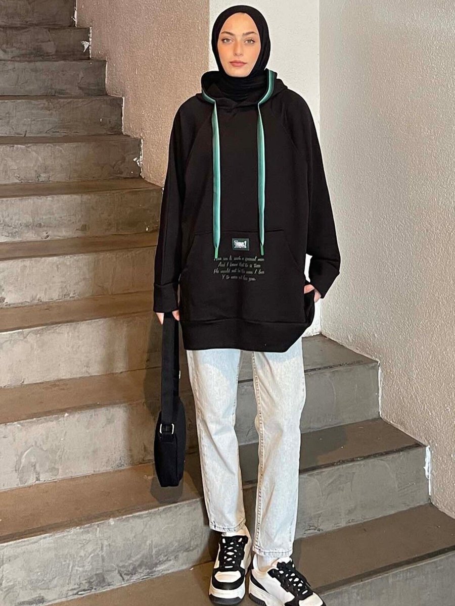 Lamelif Kapüşonlu Kanguru Cepli Sweatshirt Siyah