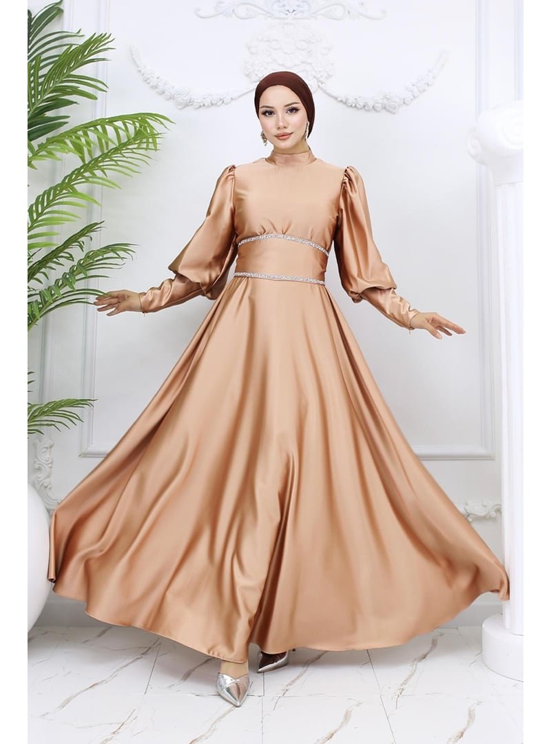 Hakimoda Gold Rengi Sehran Saten Abiye Elbise