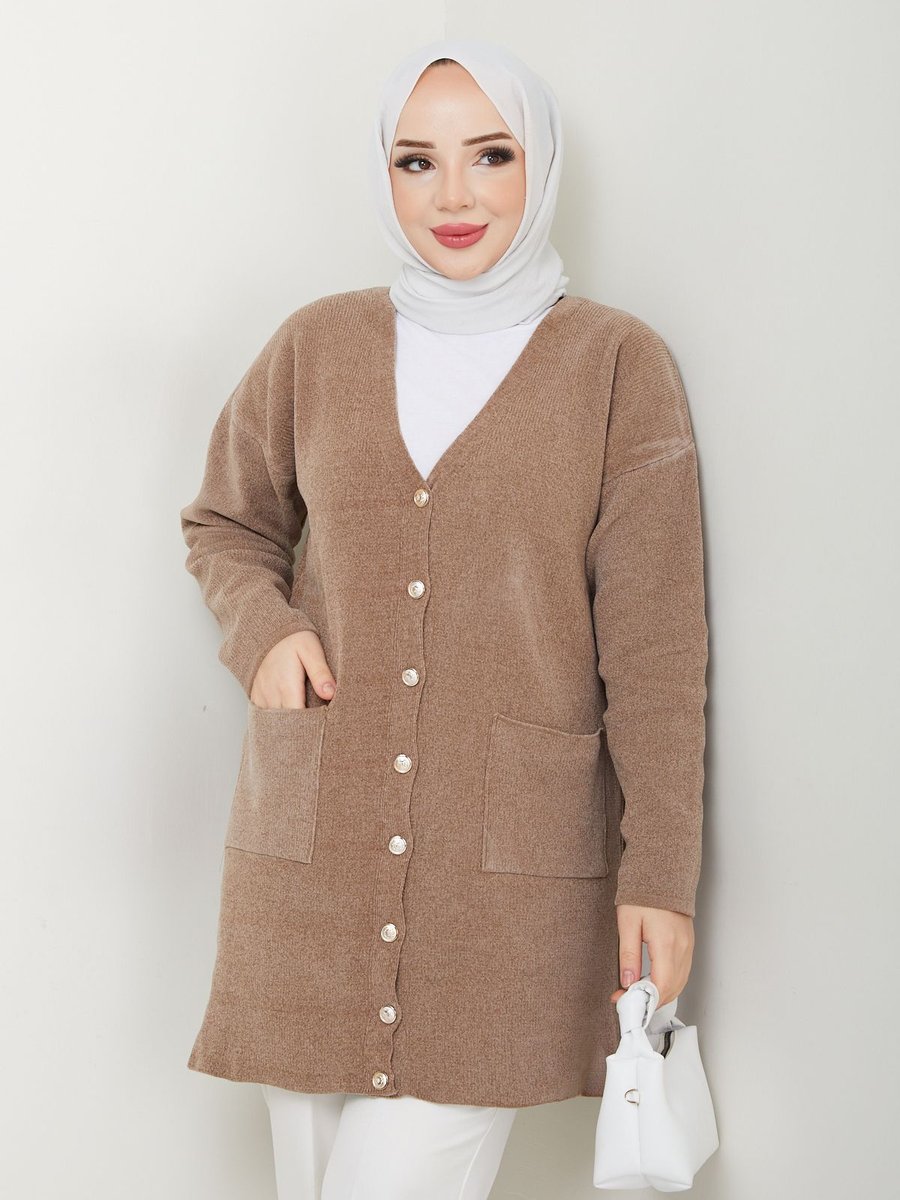 Pamuk Butik Şönil Kadife İplik Cepli Triko Hırka