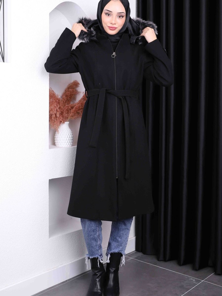 İmajbutik Siyah Bel Kuşaklı Kaşe Kaban