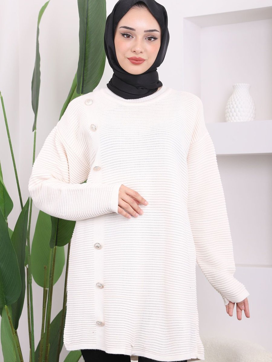 İmajbutik Krem Düğme Detaylı Gofralı Triko Tunik