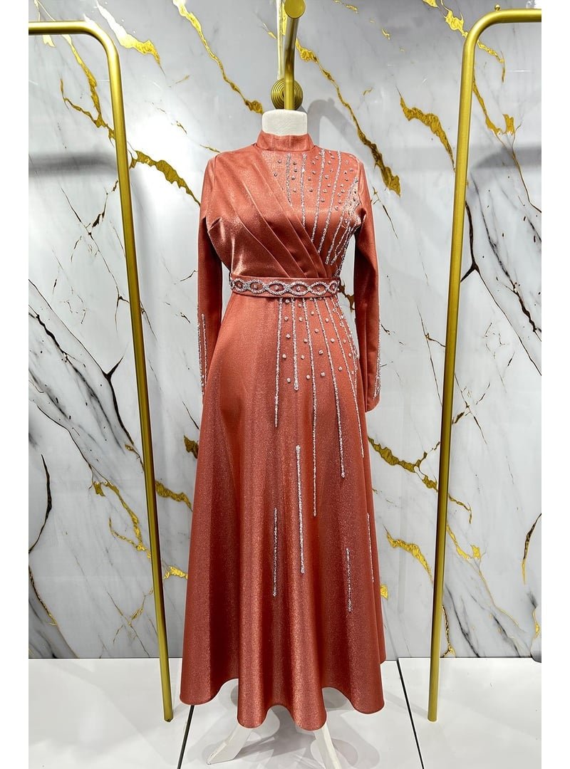 Hakimoda Somon Belfin Krep Saten Abiye Elbise
