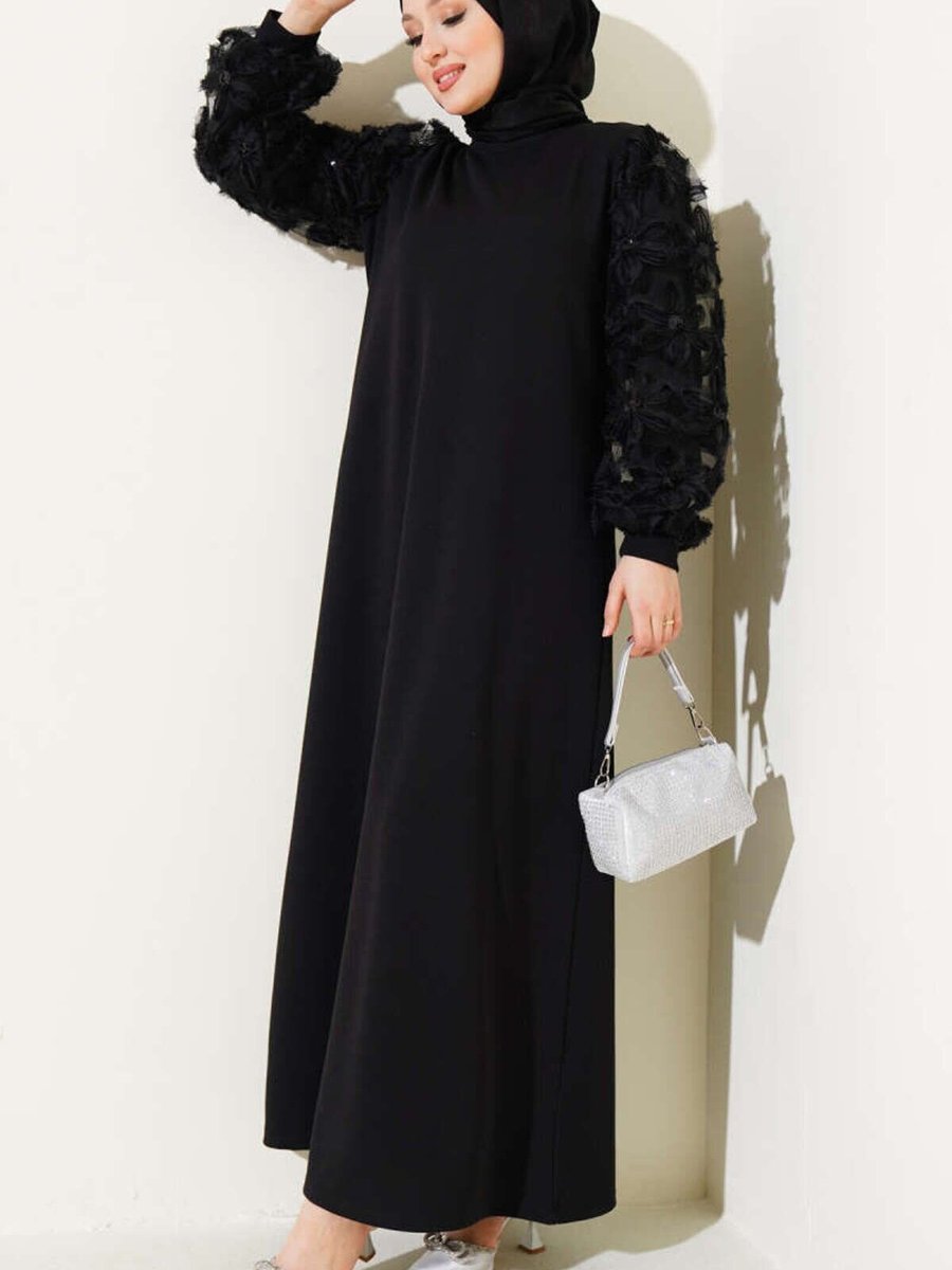 VOLT CLOTHİNG Siyah Çiçekli Tül Kollu Elbise