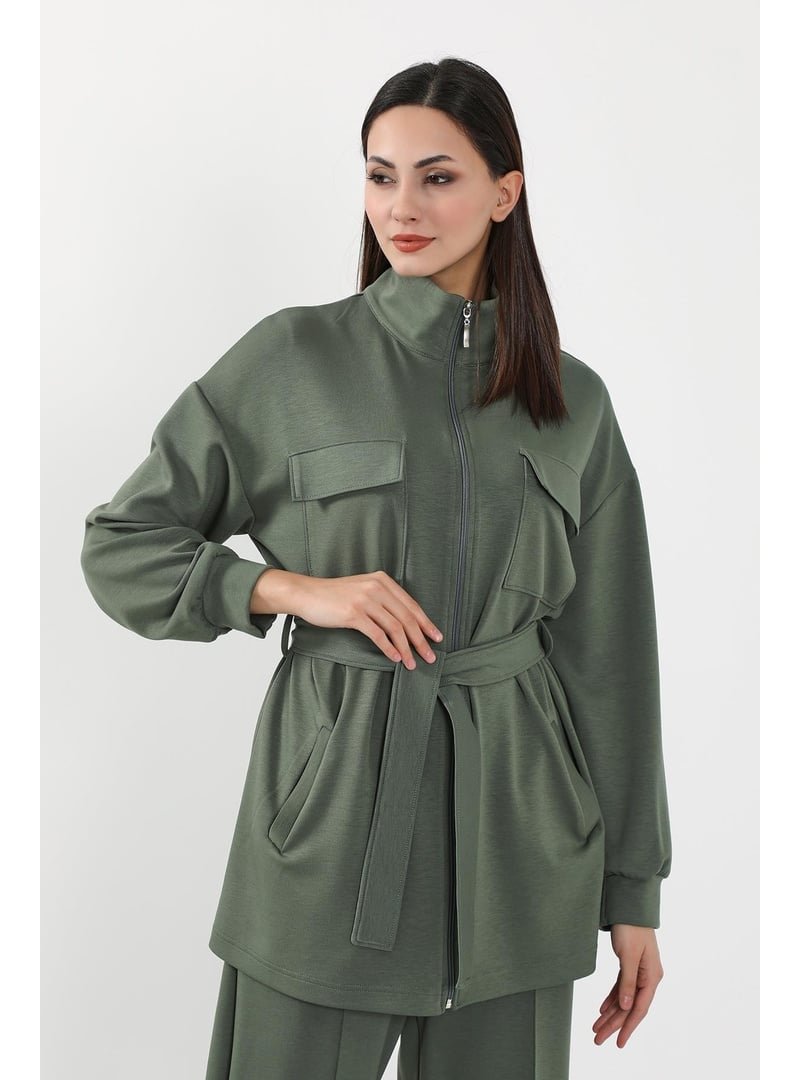 Aisha`s Design Haki Fermuarlı Cepli Swet Ceket,sw