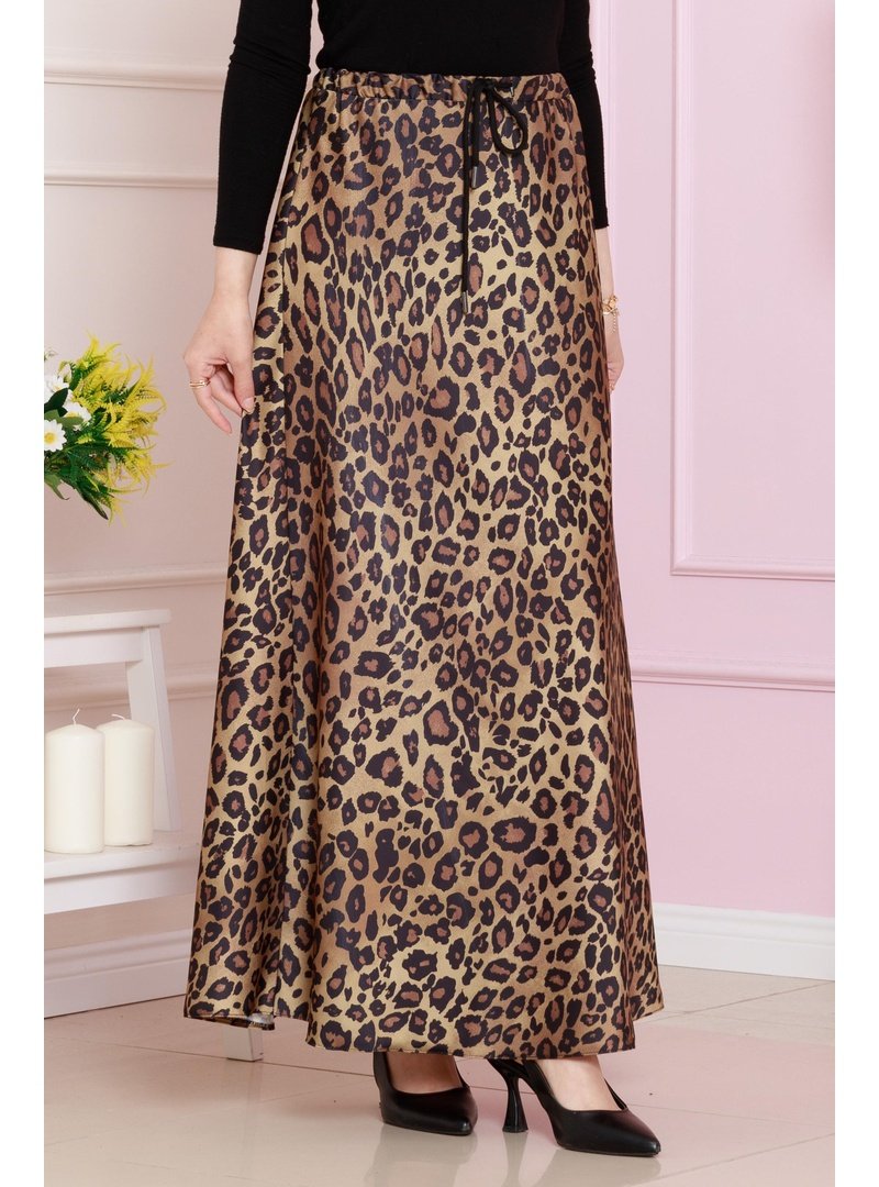 Sevitli Hardal Beli Bağcıklı Leopar Desenli Etek