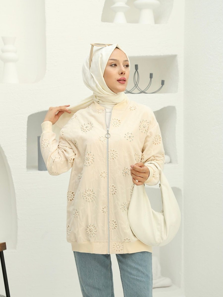 Pink Fly İnci Taş Detaylı Cepli Bomber Yaka Kap Ceket