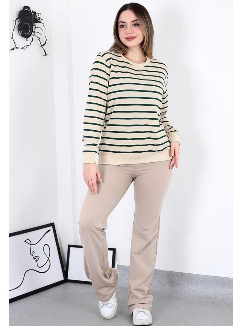 Pelsu Moda Çizgili Sweatshirt Zümrüt Yeşil