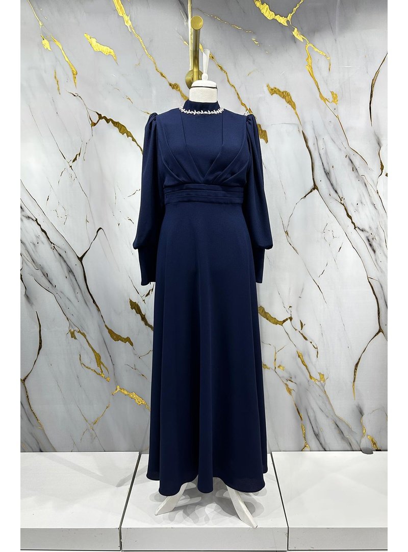 Hakimoda Lacivert Katre Krep Abiye Elbise