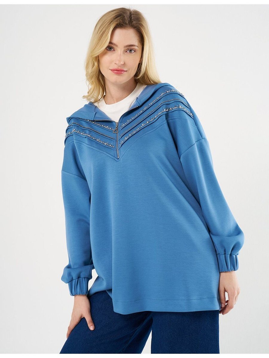 Kayra Dikiş Detaylı Ve Taş İşlemeli Scuba Sweatshirt Taç Mavisi
