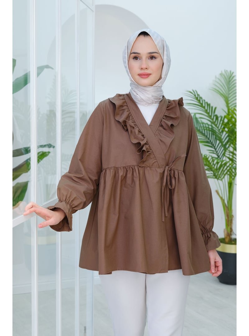 Locco Moda Kahverengi Yan Baglamalı Fırfır Detay