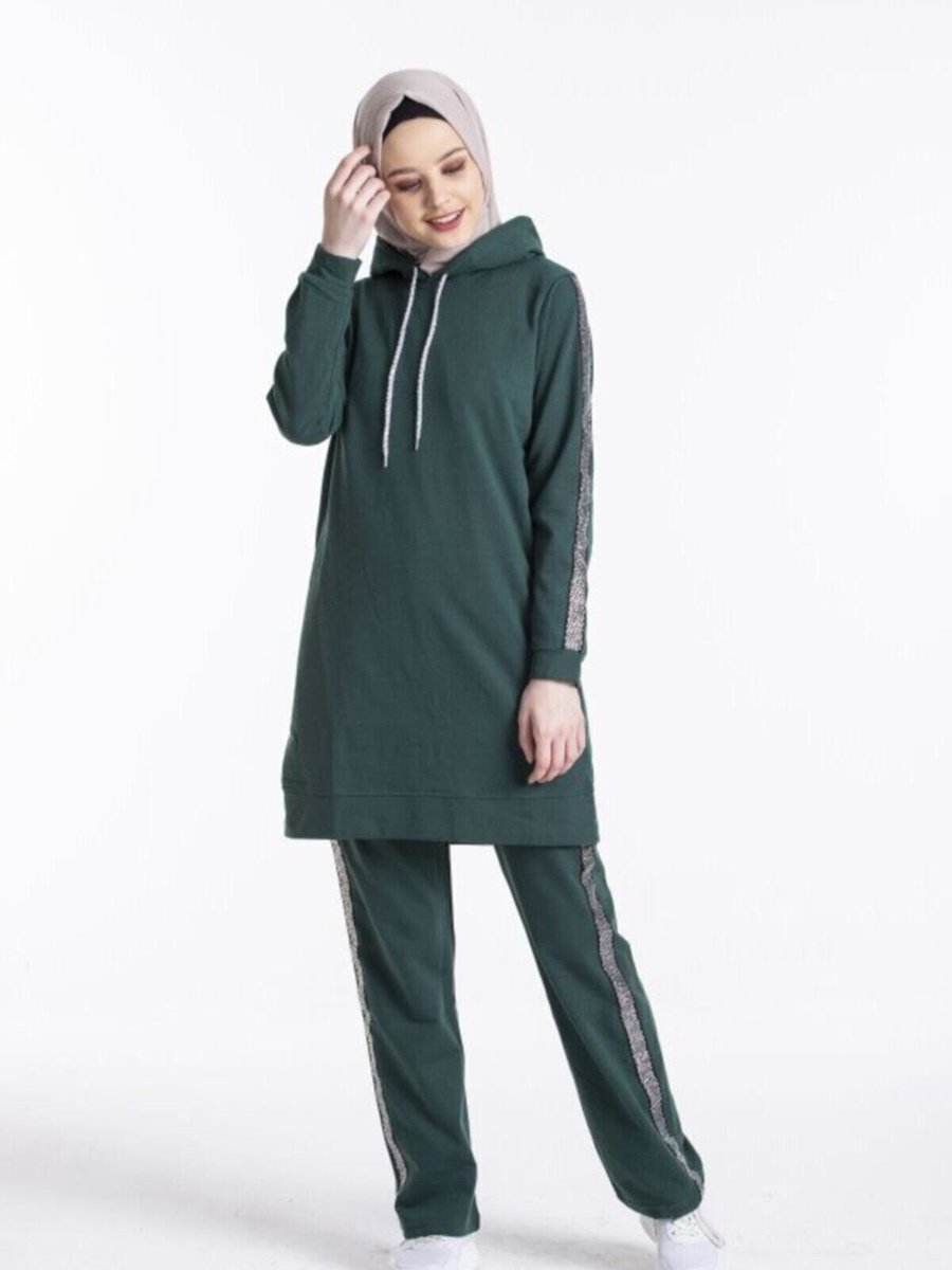 Cng Moda Bskış Butik Nefti Yeşili Kapüşonlu Kol Şeritli Eşofman Takımı