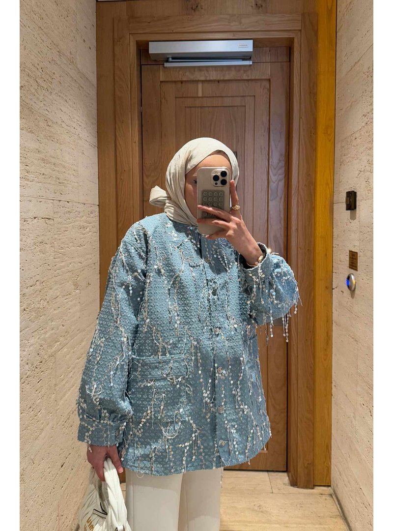 Melike Tatar Mavi Payetli Kot Ceket