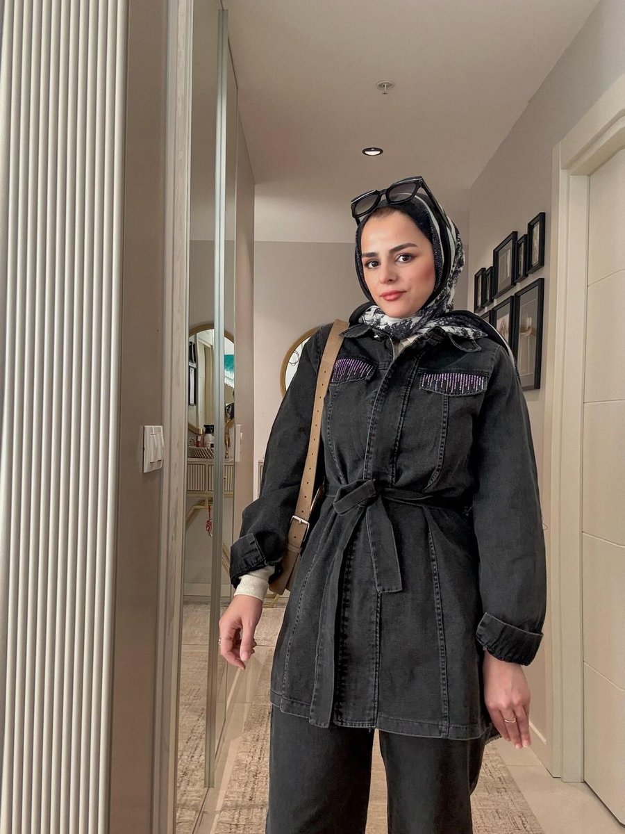 Aselim Hijap Moda Kemerli Taş Detaylı Denim Gömlek İkili Takım Siyah Giyim