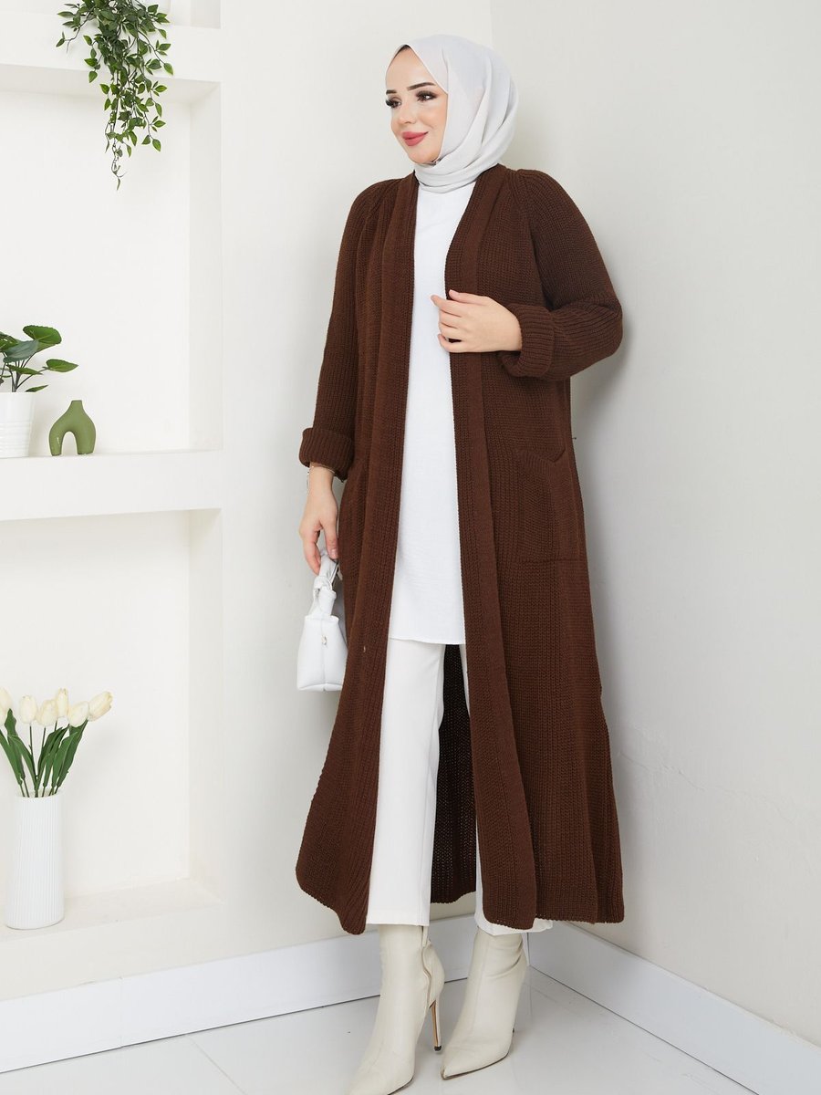 Pamuk Butik Kışlık Salaş Cepli Gri Uzun Hırka