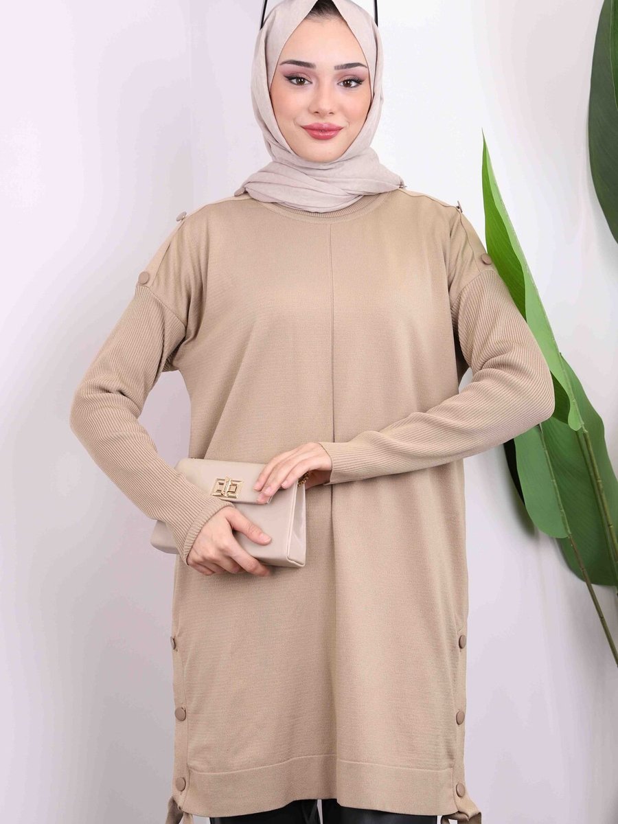 İmajbutik Vizon Düğme Detaylı Soğuk İplik Triko Tunik