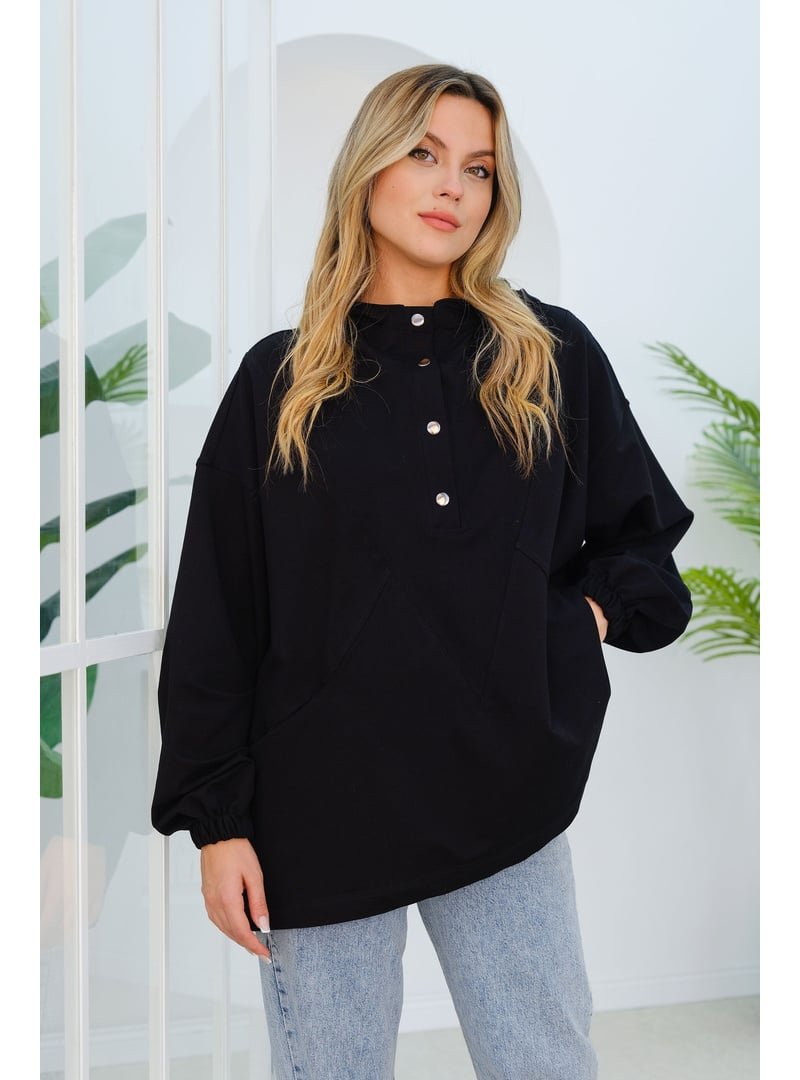 Locco Moda Siyah Dikiş Detay Çıtçıtlı Tunik