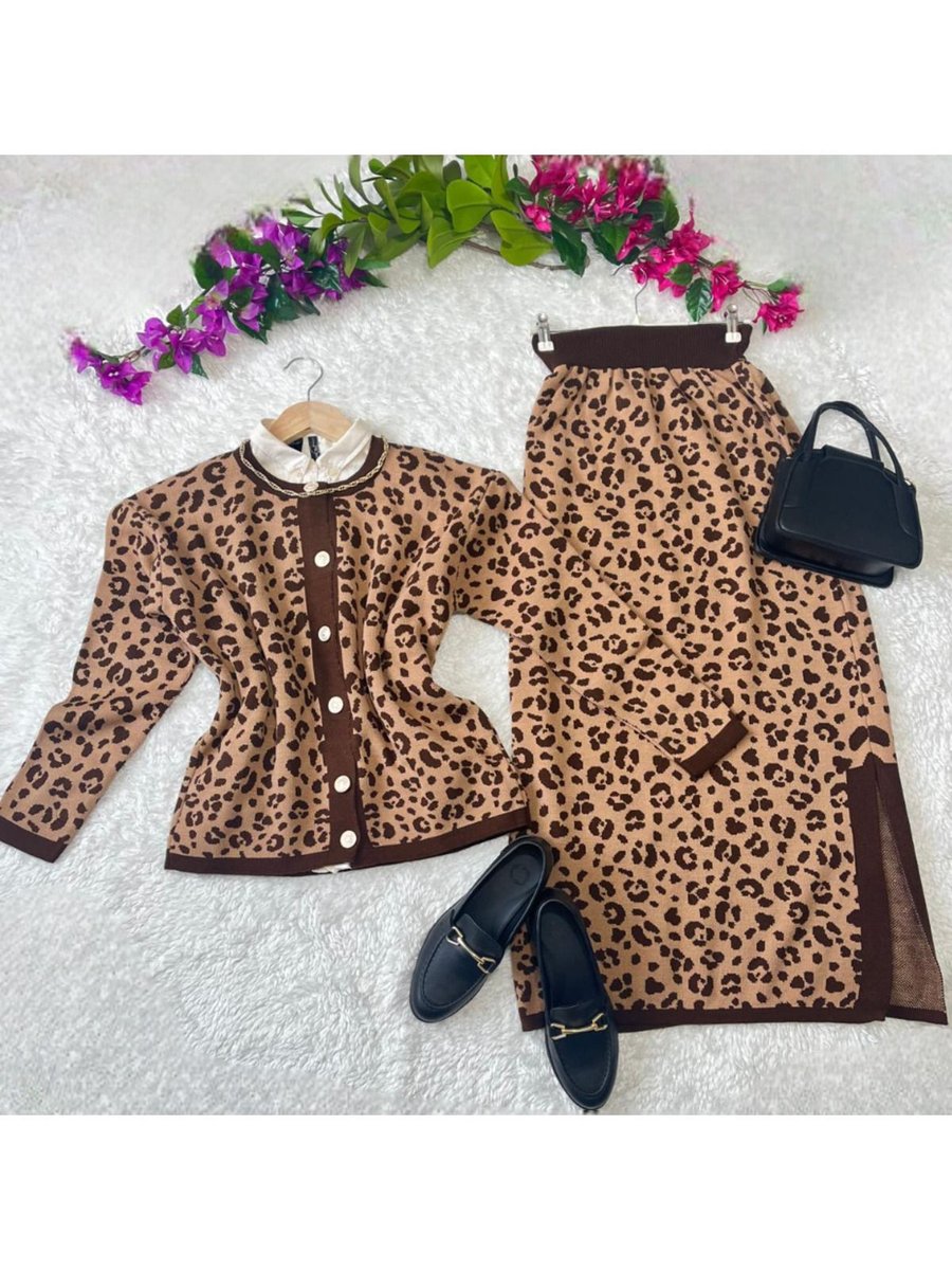 Butik Leopar Desenli Hırka Etek Triko Takım