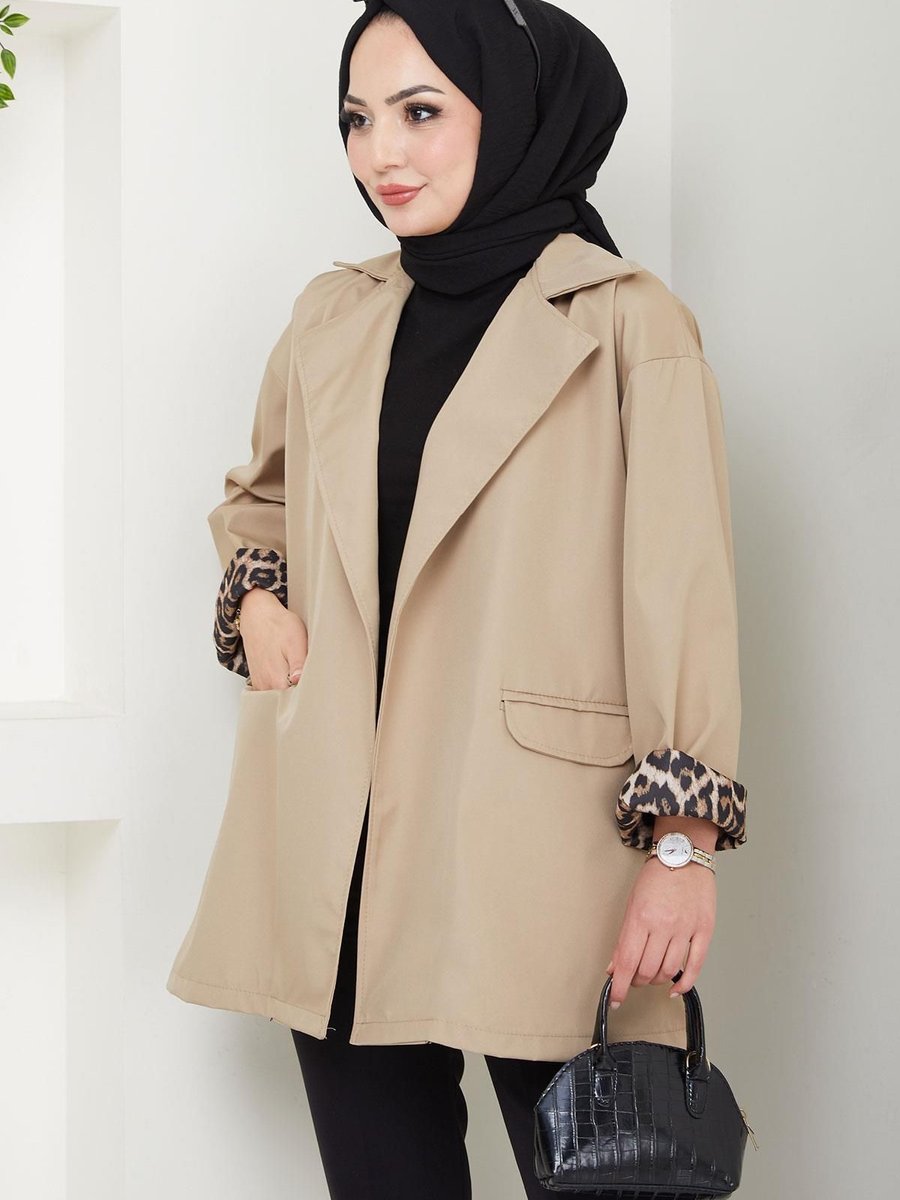 Hafsamina Leopar Detaylı Oversize Bondit Ceket Vizon