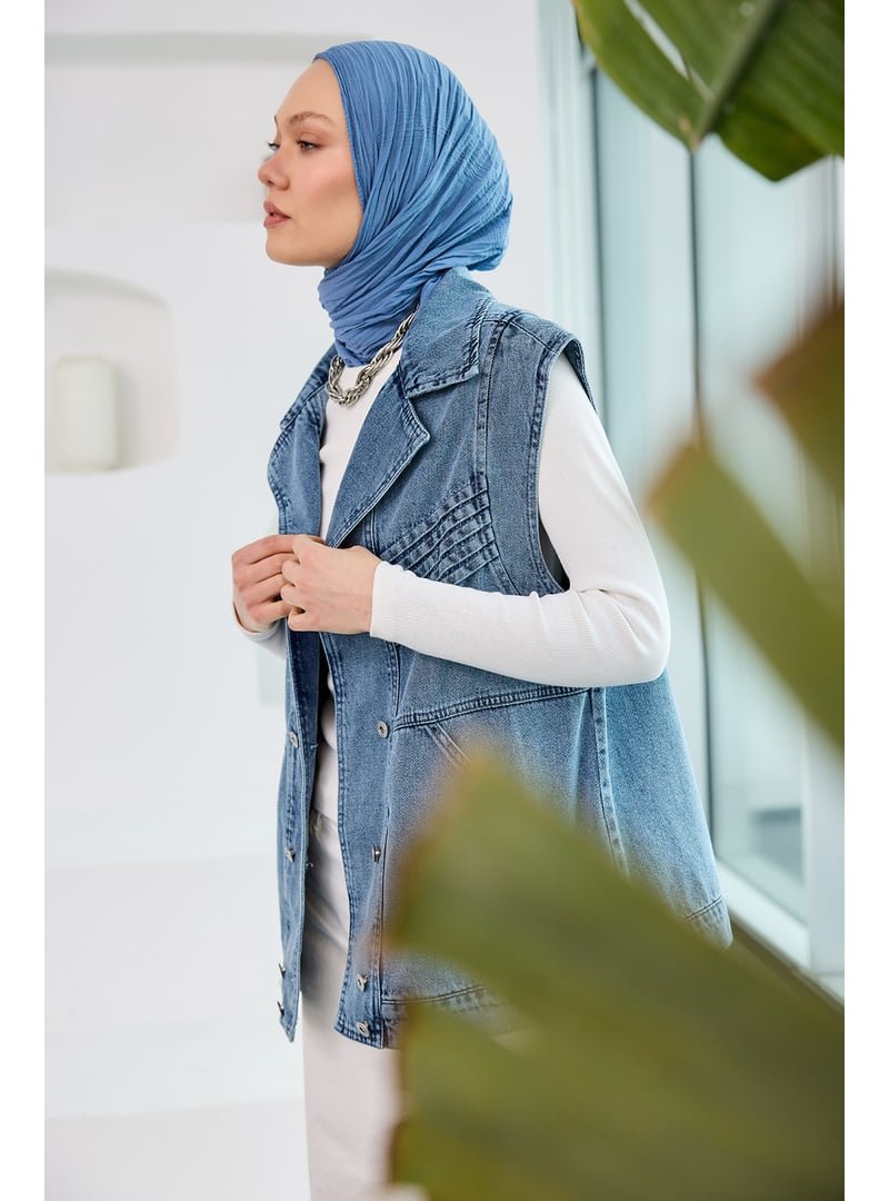 Locco Moda Mavi Kruvaze Yaka Jean Yelek