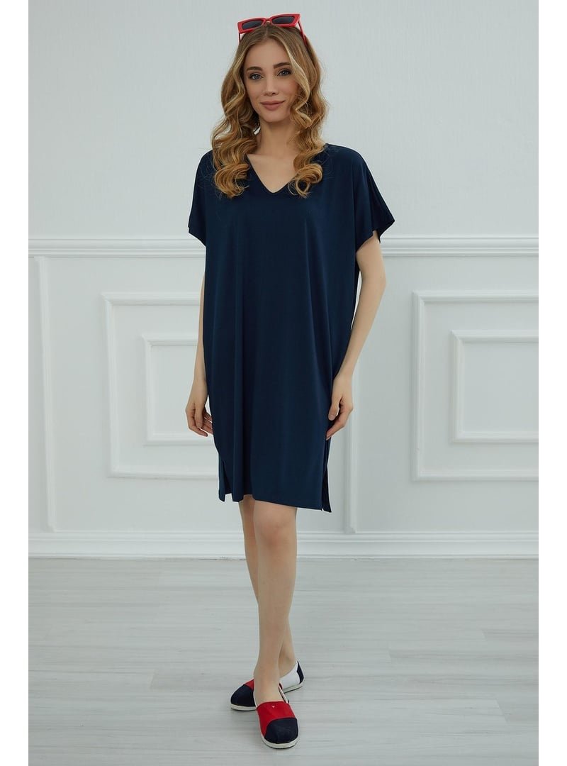 Aisha`s Design Lacivert Yırtmaçlı Penye Kısa Elbise,elb