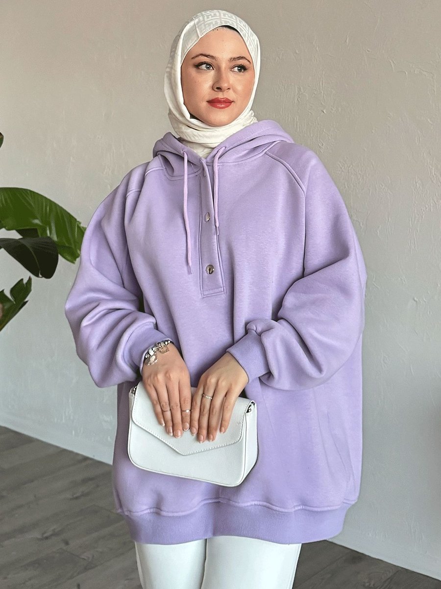 Instyle Çıtçıt Yaka Kapüşonlu Lila Sweat