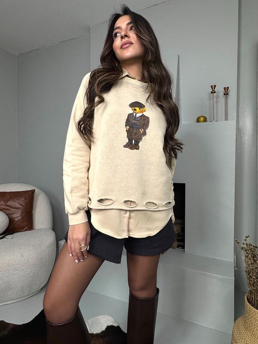 Sohotique By P Taş Teddy Baskı Yırtık Detaylı Yıkamalı Sweatshirt
